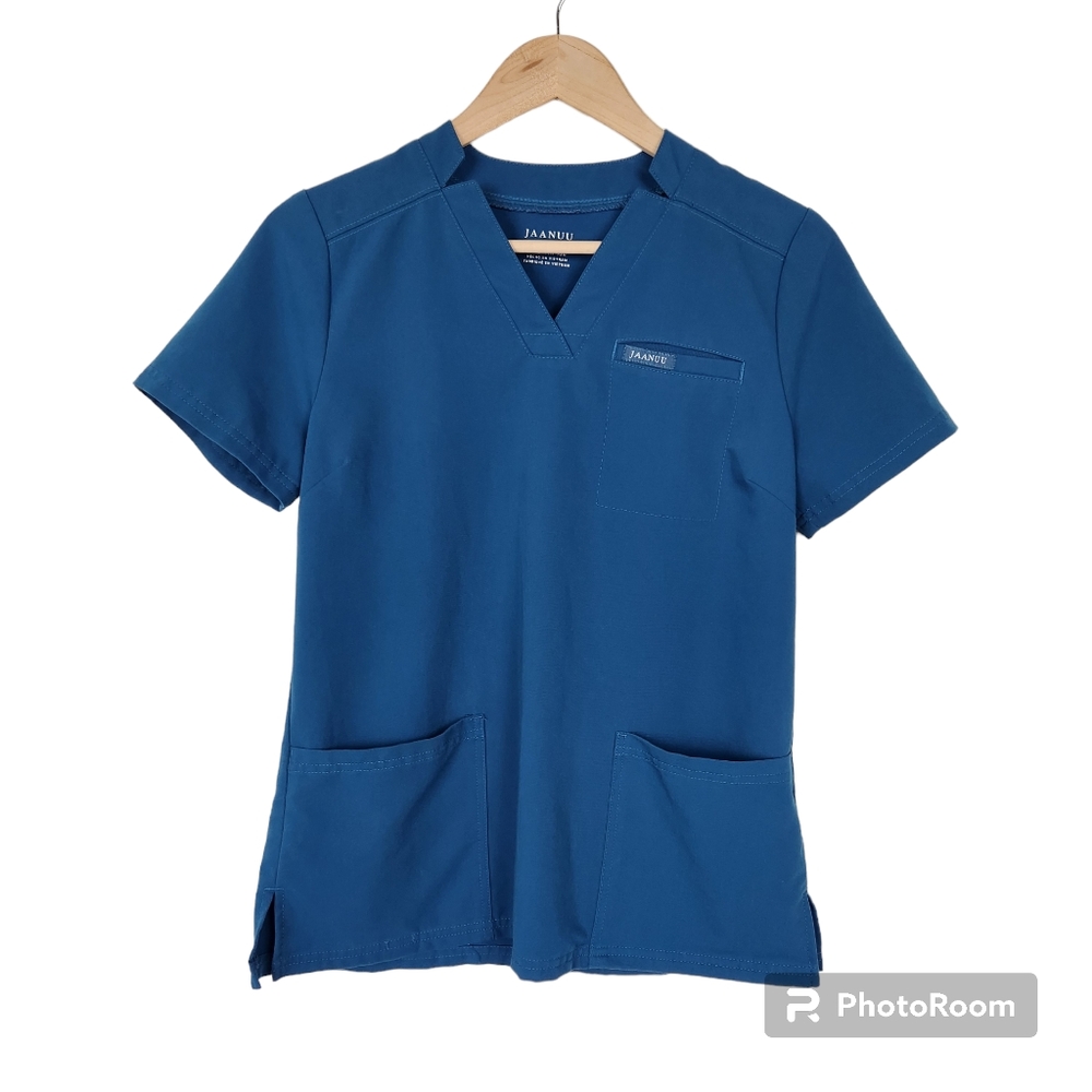 Jaanuu Relaxed Three Pocket Short Sleeve Scrub Top Teal Blue Green Sz S